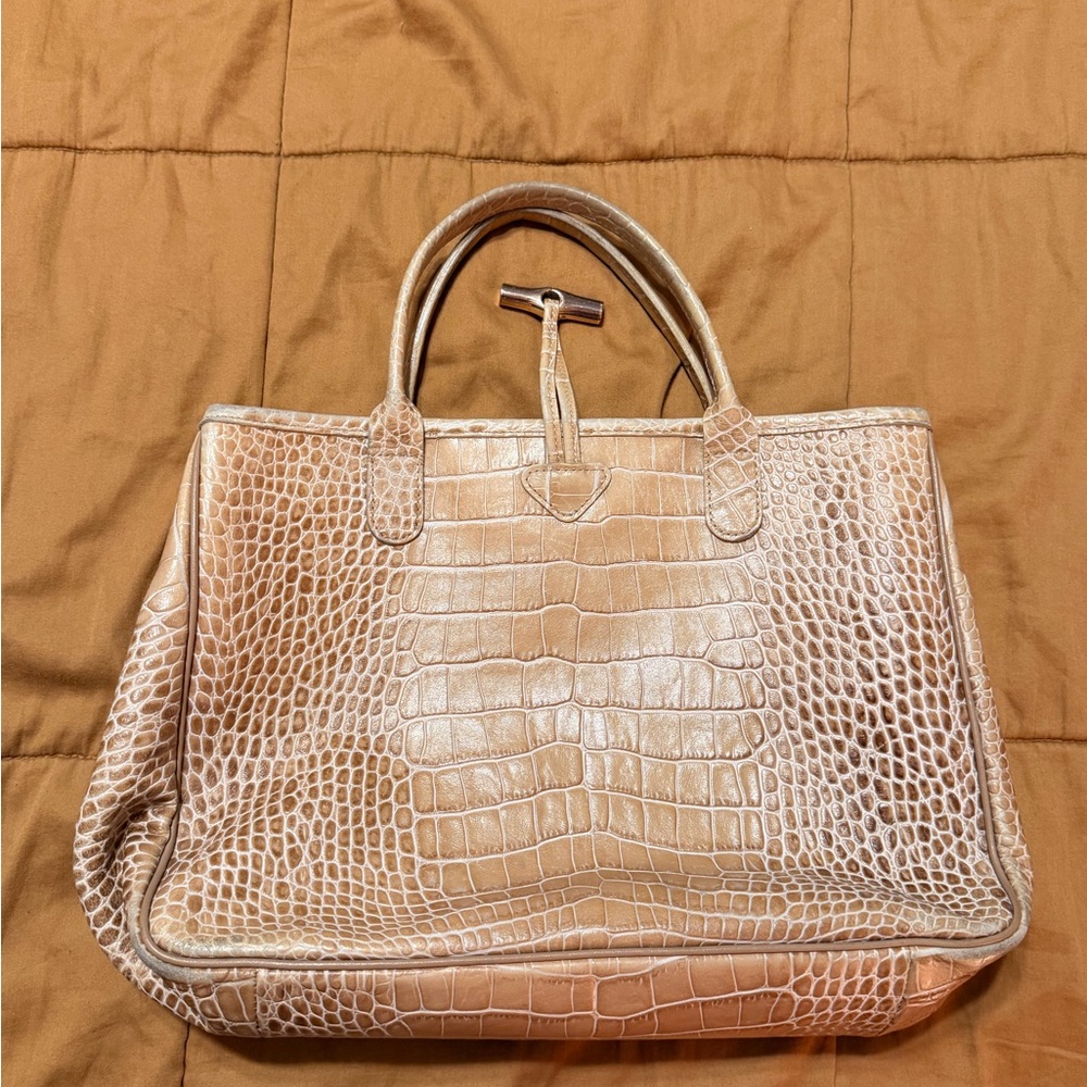 Structured Croc-Embossed Longchamp Tote Bag in Light Tan